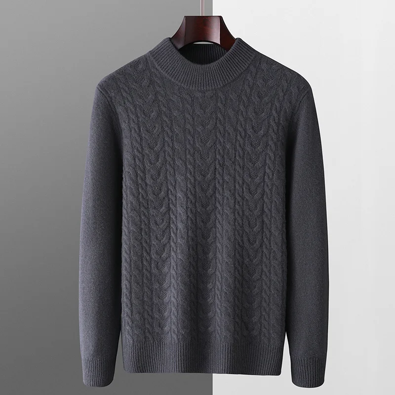 New Best-Selling 100% Sweater Men's Semi-High Neck Twist Pullover Business Casual Comfortable Warm Knit Bottoming Shirt Sweater