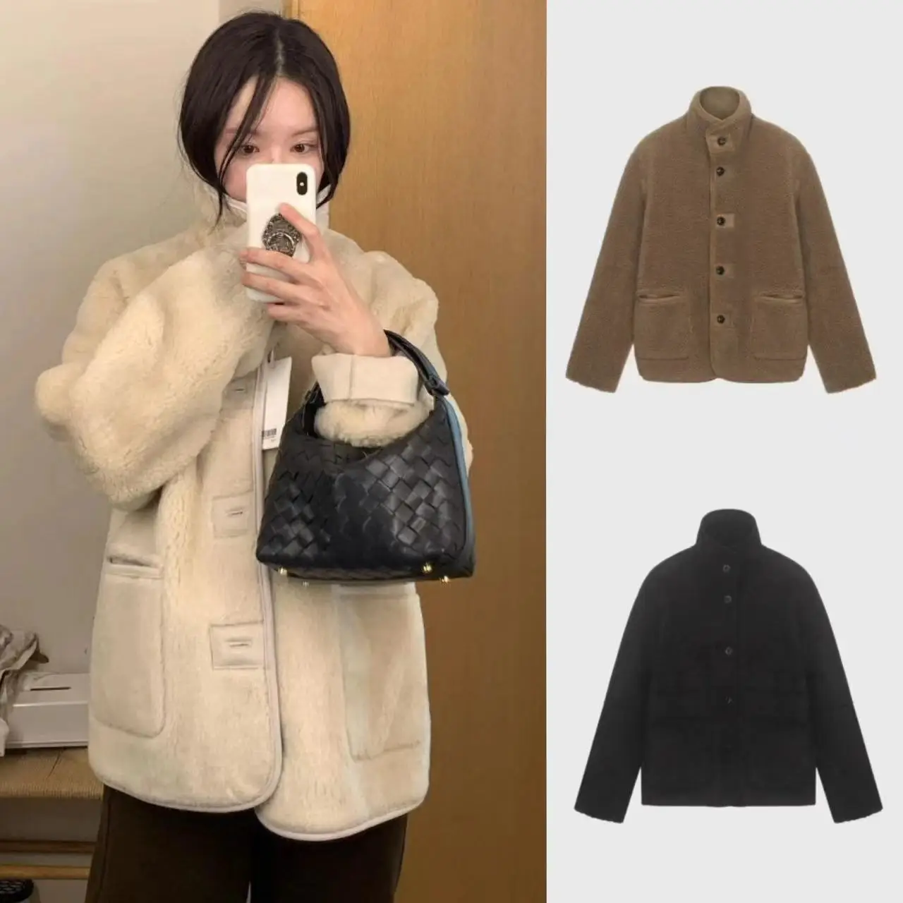 

Monoha2025 Women's Warm Lamb Fur Inteated Outerwear Loose Fit Stand Collar Double-Sided Wear Autumn Season Faion Coat
