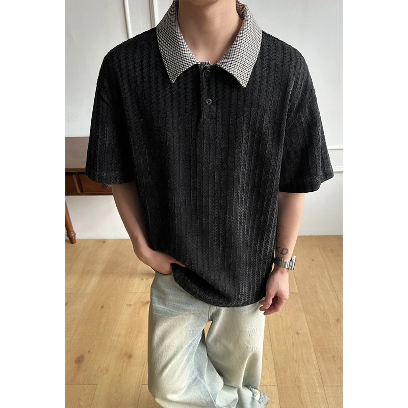 

Streetwear Men's Oversized Polo Shirt Contrast Plaid Collar Textured Fabric Irregular Hem Casual Summer 2026