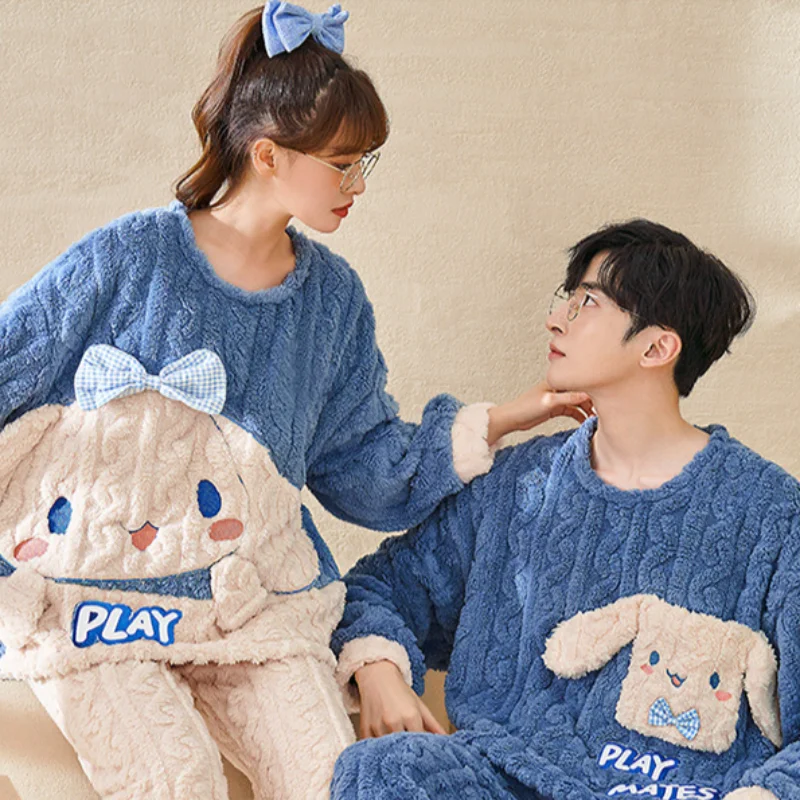 Cartoon Sanrio Jade Cinnamon Dog Couple Pajamas Seasonal Coral Fleece Crew Neck Long Sleeve Cotton Two-piece Set Women\'s Pajamas