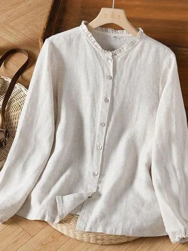 

Retro Artistic Cotton Linen Long Sleeve Shirt Large Size Women's Spring New Style Lace Collar Open Cardigan Loose Casual Top