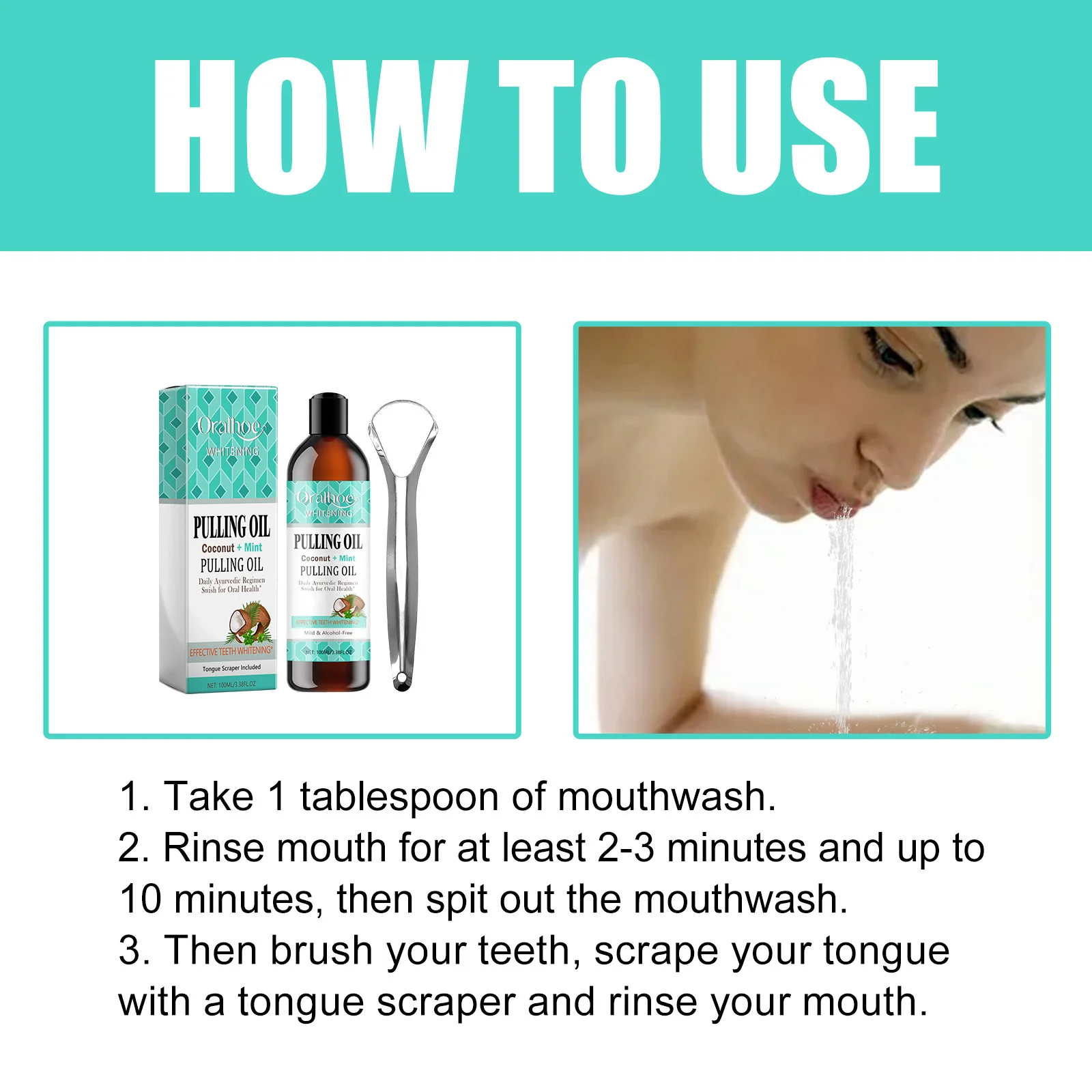 Coconut Mint Pulling Oil Mouthwash Clean Fresh Oral Breath Odor Removal Tongue Scraper Set Alcohol-Free Whiten Tool Mouth Care