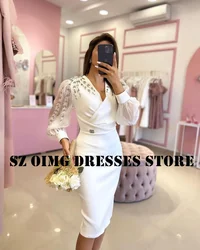 OIMG New Design Satin Beads Prom Dresses Arabic Women Tea Length Sheath Puff Sleeves White  Gowns Formal Party Dress Customized