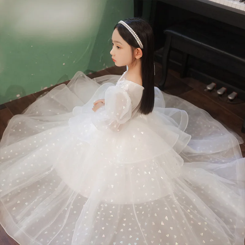 Teenage Girls Dress Children's Clothing White Party Elegant Princess Long Tulle Kids Girls Sequin Lace Wedding Ceremony Costume