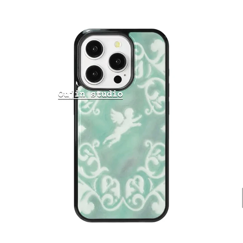 Mint Green Baroque Pattern Angel Black Border Drip Glue Phone Case For iPhone 17 Air 16 Pro Max 15 14 Plus 13 12 11 Back Cover