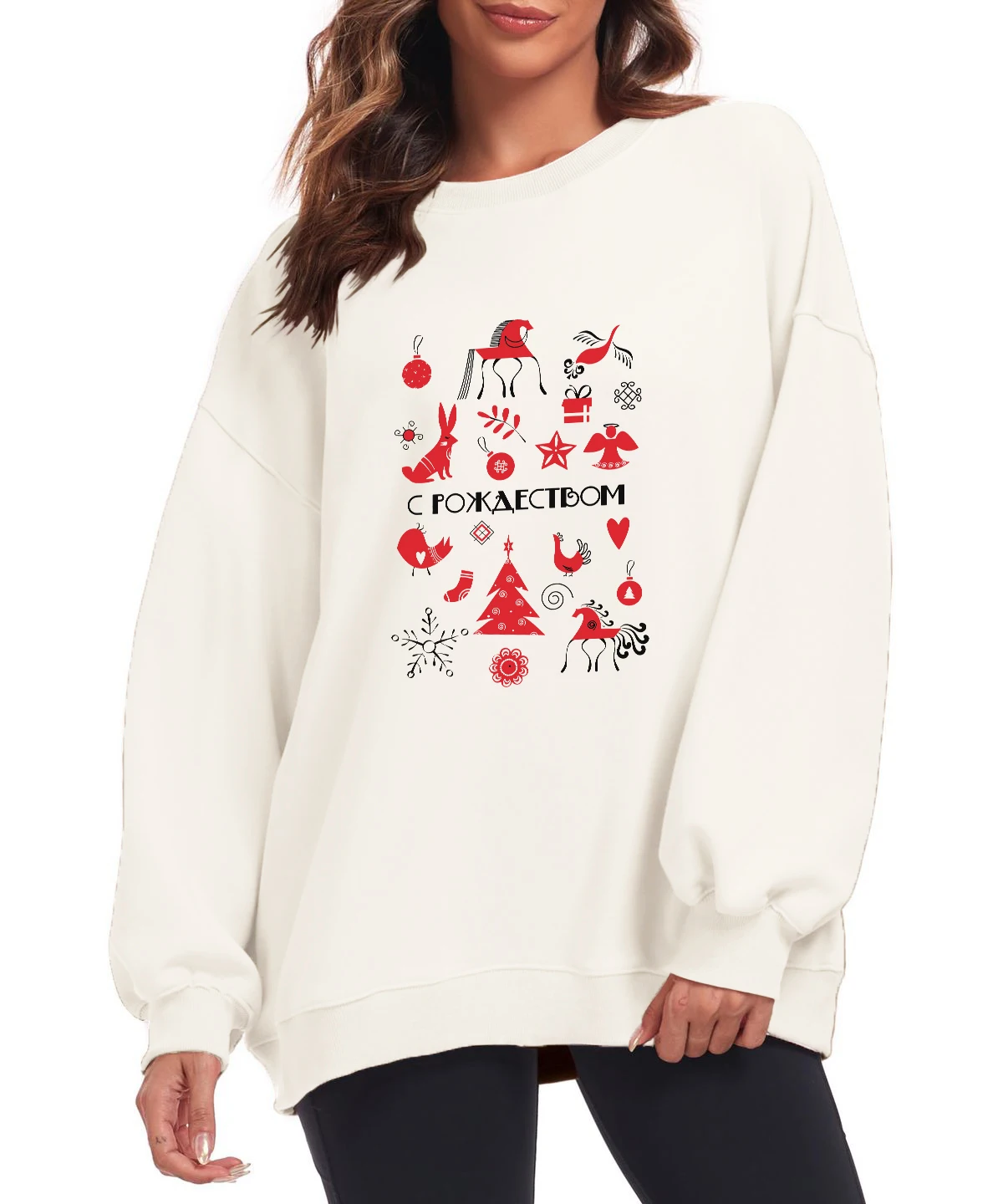 

Round Neck Women's Sweatshirt Long Sleeve Pullovers Velvet Winter Casual Novy God Russian New Year Printed Pattern Sweater