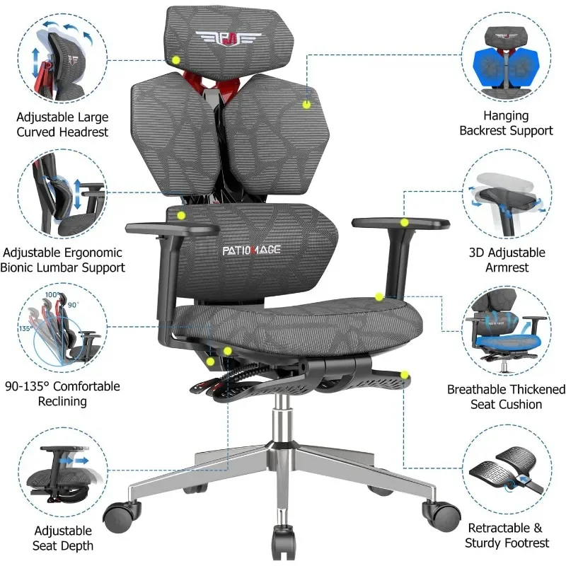 Ergonomiczne krzesło do gier z podnóżkiem Duże i wysokie krzesło do gier Rozkładane krzesło dla graczy z regulowanym podparciem lędźwiowym