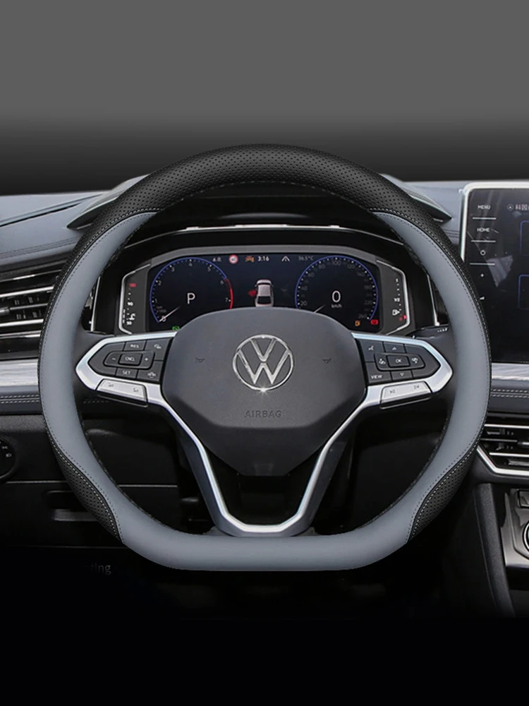 Pokrowiec na kierownicę samochodową Volkswagen VW T-Roc ID7 Polo Arteon Taigo T-Cross, skórzany pokrowiec na kierownicę 38 cm, akcesoria — 2