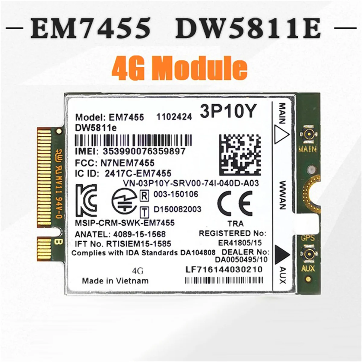 DW5811E EM7455โมดูล4G + CAT6 3P10Y เสาอากาศสำหรับ E7270 Dell E7470 E7370 E5570ไร้สาย E5470 Gobi6000 fdddddd