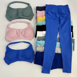 2 Pieces Leggings Set Women Seamless Yoga Set High Waist Scrunch Butt Legging With Halter Sports Bra Workout Gym Suit