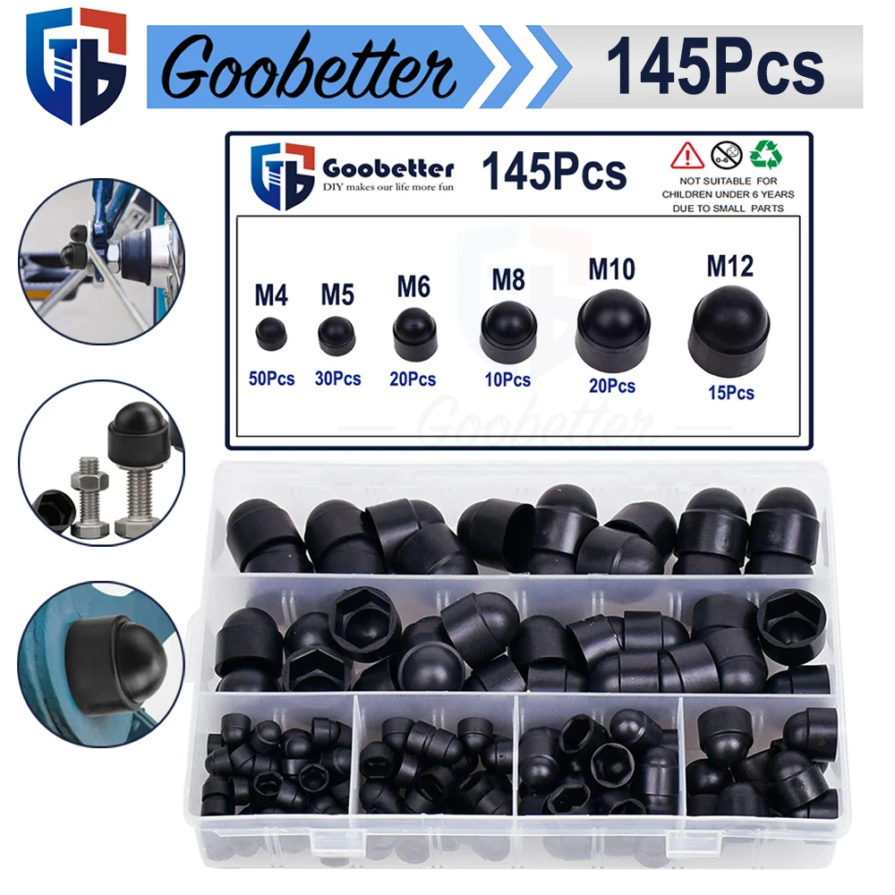 145Pcs M4 M5 M6 M8 M10 M12 Black Hexagon Nutrs Cap Nylon Acorn Nut Dome Hex Cover Protecting Hexagon Screws Bolts Kit
