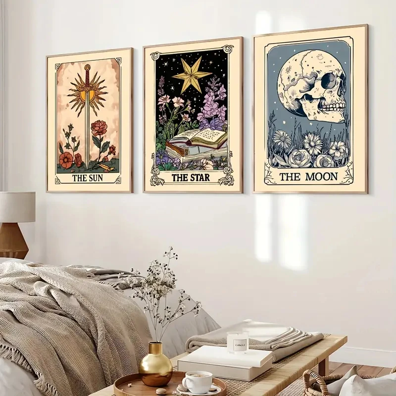 Abstract Bohemian Tarot Card Sun Moon Star Canvas Print Halloween Horror Skull Sword Wall Art Poster Modern Bedroom Home Deco