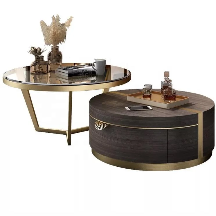 

/Italian Modern Luxury Smart Stainless Steel Base Tempering Glass Top Round Coffee Table Set Design