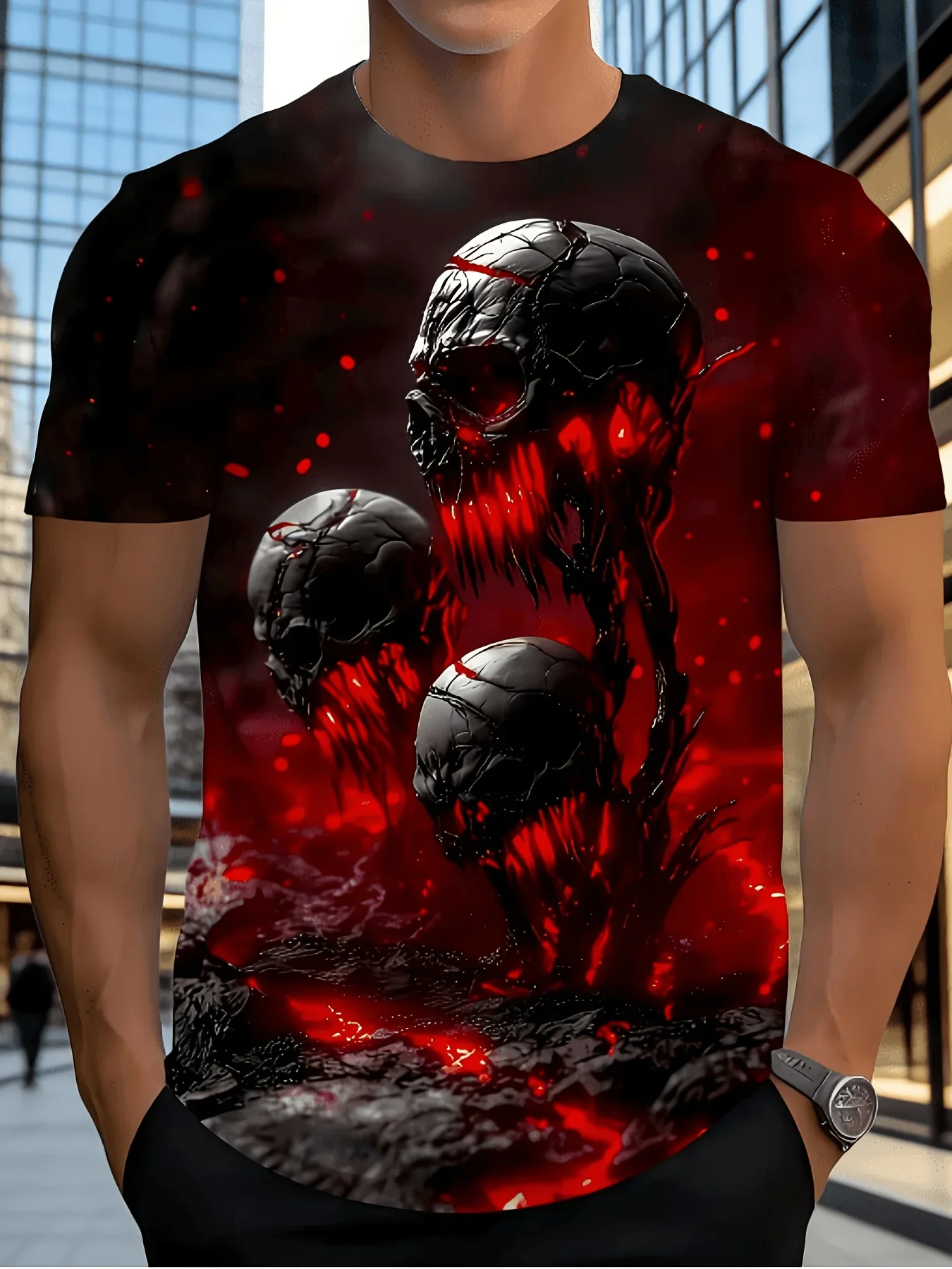 Trendiges Cooles Herren T-Shirt mit Lava-Effekt Totenkopf-Print Dunkles Gotisches Feuer-Design Rundhals-T-Shirt Modische Herren Streetwear Oberteile