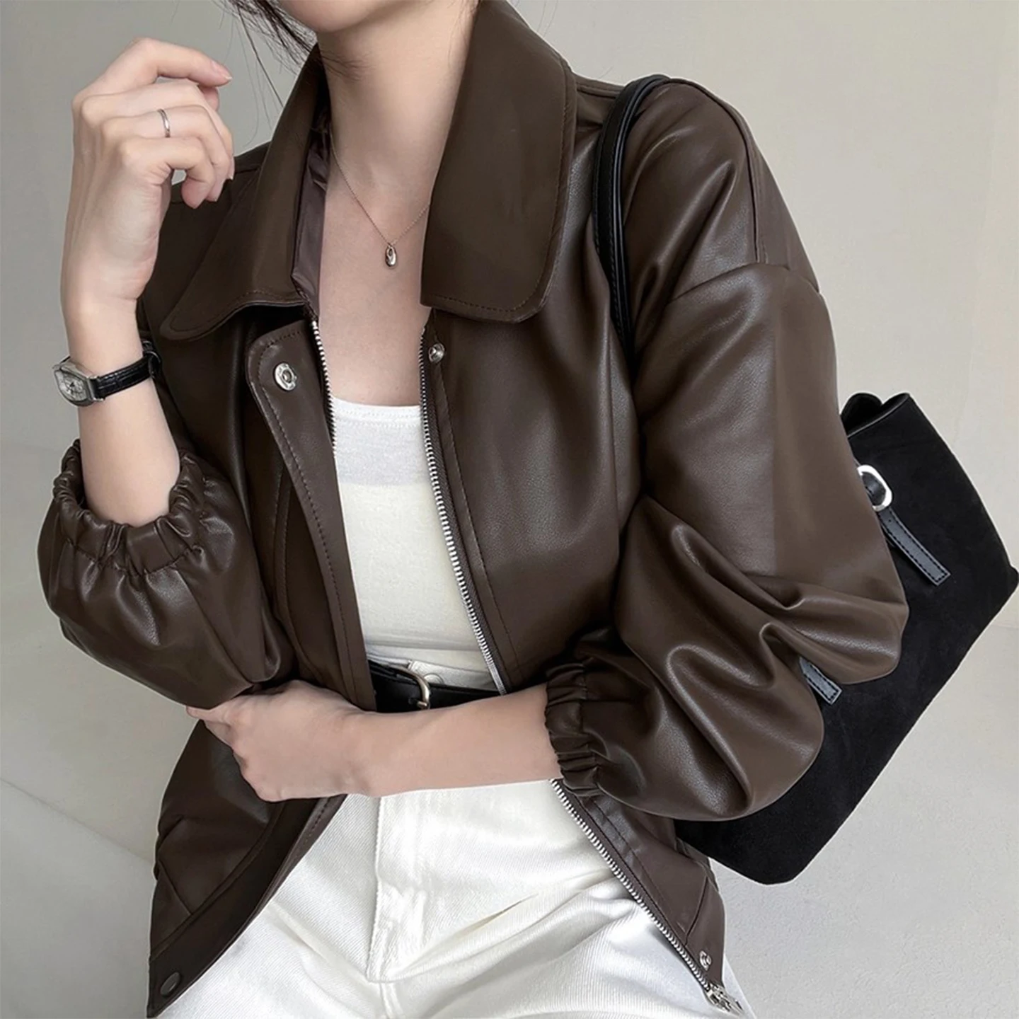 Ropa Retro de gama alta de cuero PU con cremallera para motocicleta, abrigo superior holgado para mujer, novedad de otoño