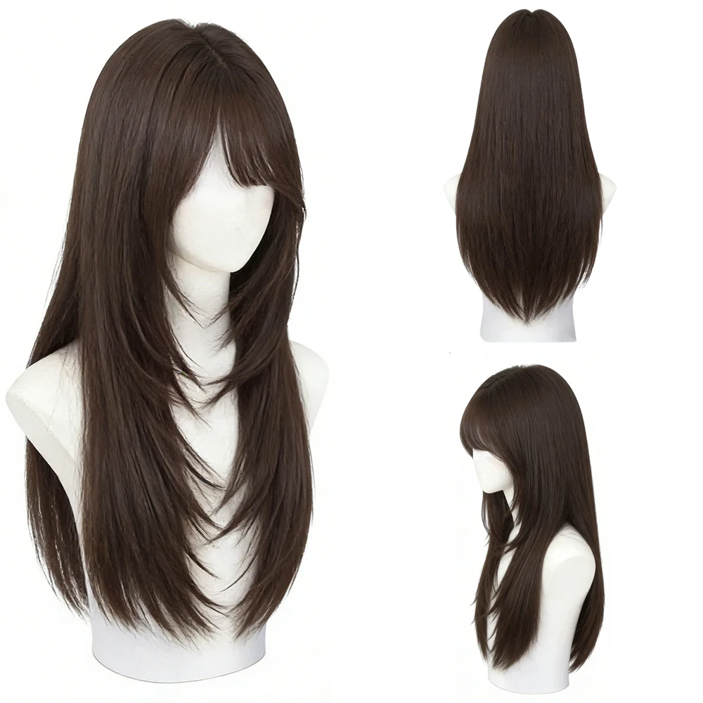 

Women Long Straight Layered Brown Black Wig With Fringe Heat Resistant Synthetic Hair For Daily Use Halloween Cosplay Party