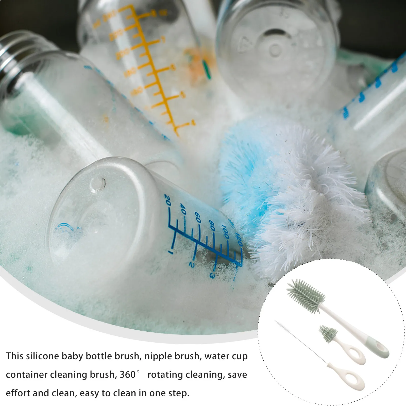 Baby Bottle Cleaning Brush Set – 360° Rotating Silicone & ABS Tool for Bottles, Pacifiers, Cups, Straws