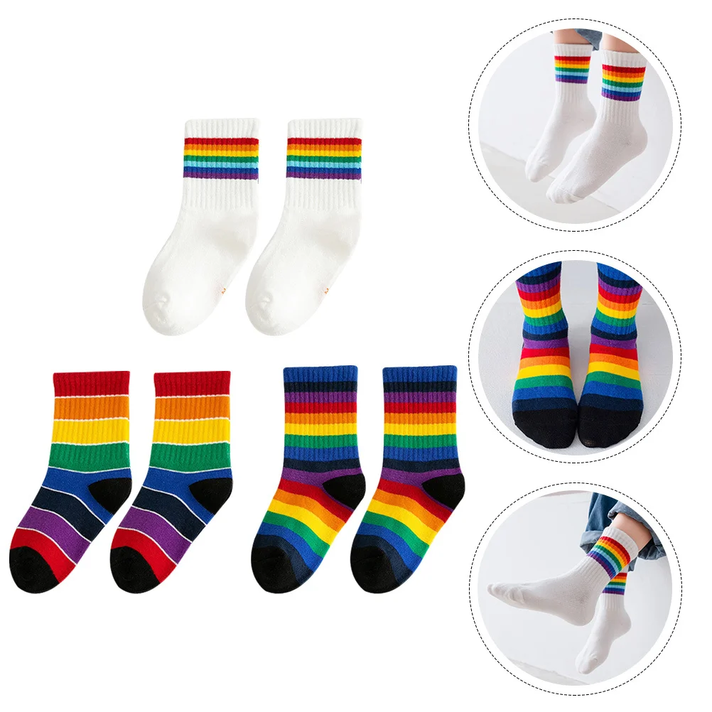

3Pairs Children Cotton Breathable Socks Rainbow Pattern Middle Tube Comfortable Kids Daily Wear Socks Kids Mid-Calf Length Sock