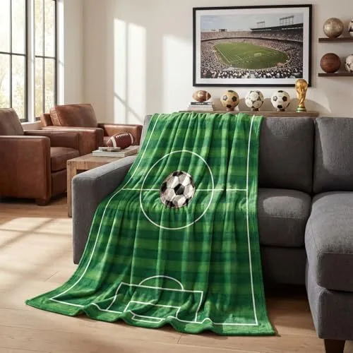 Green Flannel Soccer Throw Blanket for Kids Boys, Soft Cozy Football Fan Gift, Lightweight Travel Nap Blanket for Couch Bed