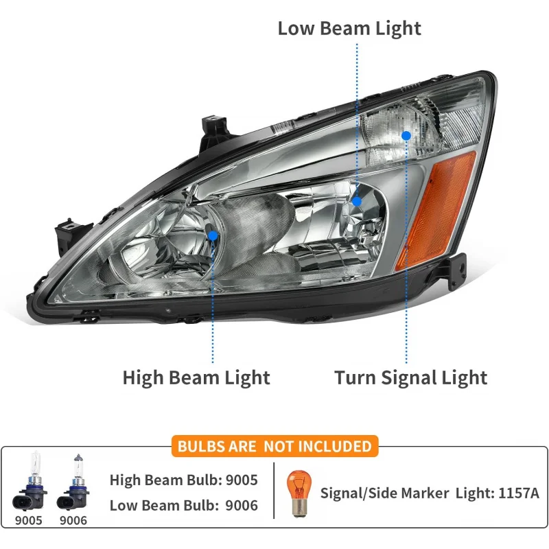 DWVO Headlight Assembly Compatible with 03-07 2003 2004 2005 2006 2007 Accord Replacement Headlamps Chrome Housing Smoke Lens