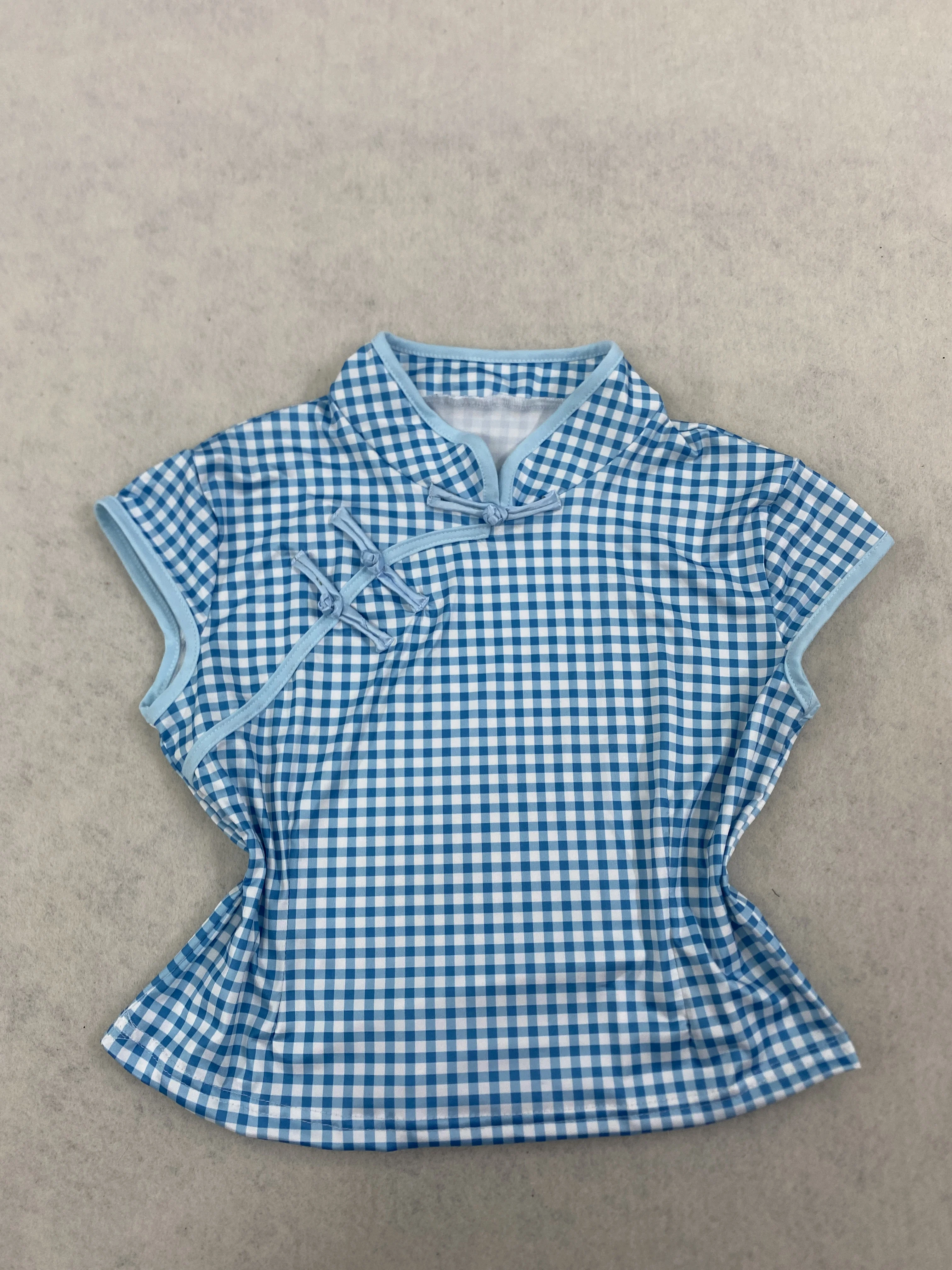 2026 Summer Retro Red Checkered T-shirt Women's Stand Collar Slimming Cheongsam Style Spicy Girl Trendy Fashion Personality Y2K