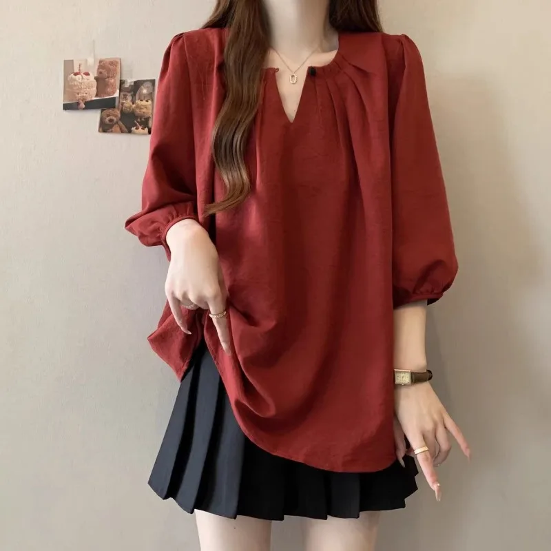

Women's Burgundy Puff Sleeve Blouse Round Neck Ruched Loose Fit Casual Top