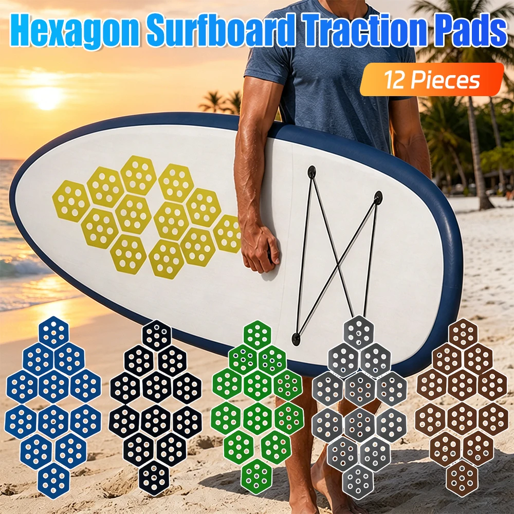 12 Stück sechseckige Surfbrett-Traktionspads, rutschfestes Kajak-Sportzubehör mit Klebstoff für Kajak-Shortboards, Kiteboards