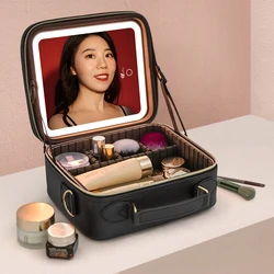 Makeup Bag With LED Mirror With Makeup Case Waterproof PU Leather Travel Cosmetic Case For Girl Gift Carry-on Bag with Mirror