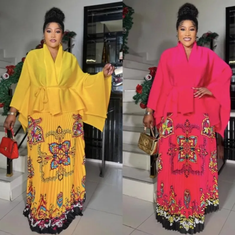 

Middle East New Plus Size Women's Miyake Pleated Women's Cardigan Top Printed Irregular Half Skirt Temperament Women Skirt Suit