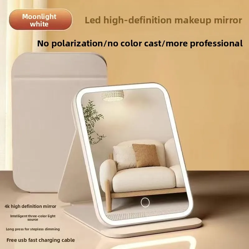 LED-Schminkspiegel für den Schreibtisch mit Licht, Ins-Stil, dreiseitig klappbar, Schlafsaal-Desktop, Schönheits- und Schlafzimmer-Schminkspiegel,