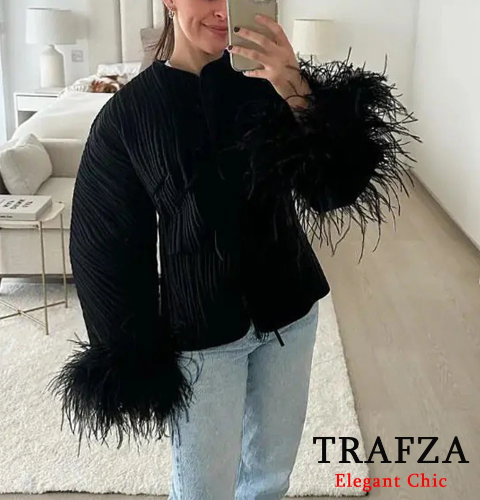 TRAFZA-Women Fashion Elegant Coat New 2024 Autumn Winter High Street Glamorous Lace-Up Coat O-Neck Feather-Trimmed Cuffs Coat