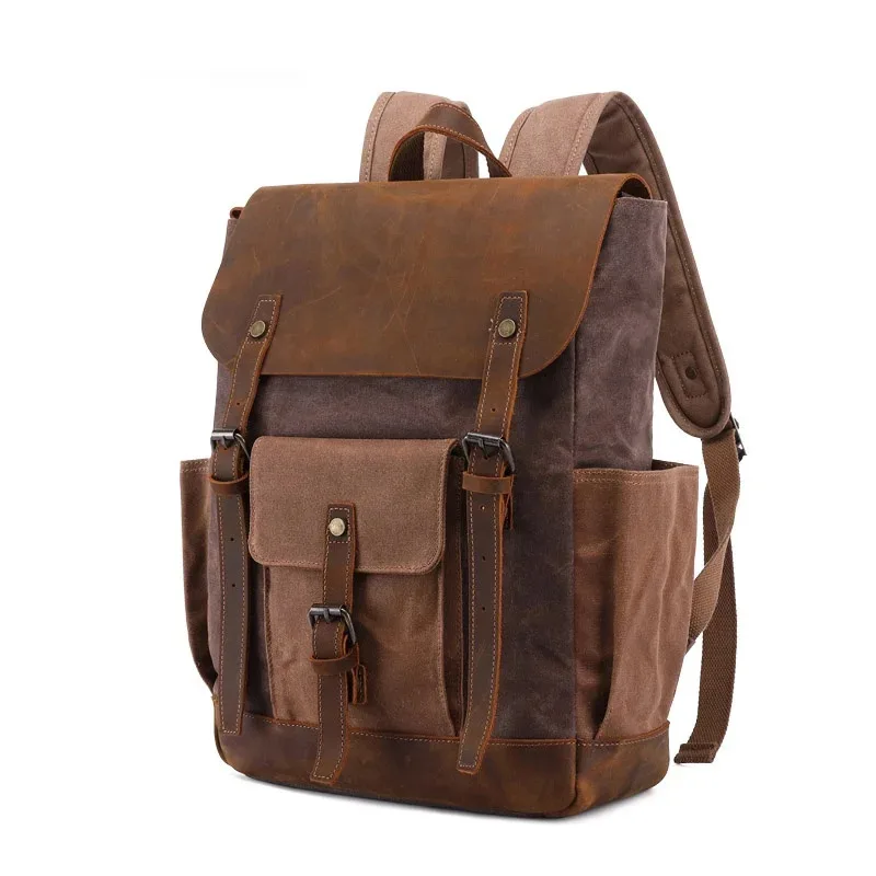 

New Oil Wax Canvas Cow Leather Backpacks Unisex Waterproof Rucksacks 14 inch Laptops Daypacks Large Capacity Vintage Mochilas