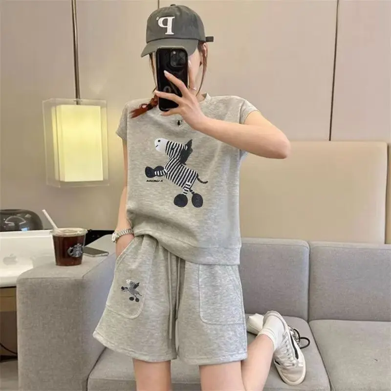 

Summer New Fashion Loose Cartoon O-neck Short Sleeve Two-piece Suit Women Clothes Simplicity Elastic Waist Pocket Short Sets