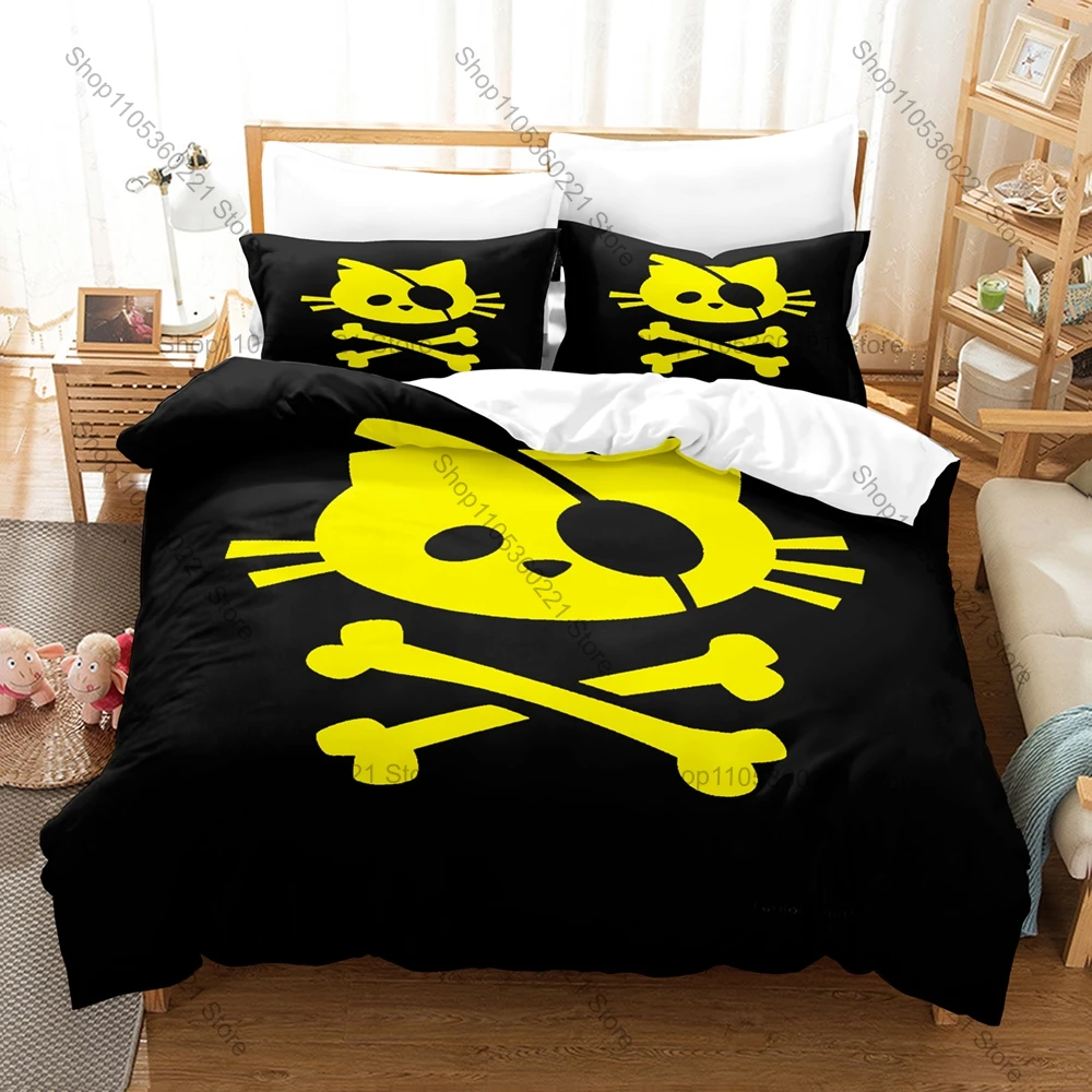 Pirate Cat Skull and Crossbone Duvet Cover + 2 Pillowcases, Gothic Animal Print Bedding Set for Bedroom Home Decor