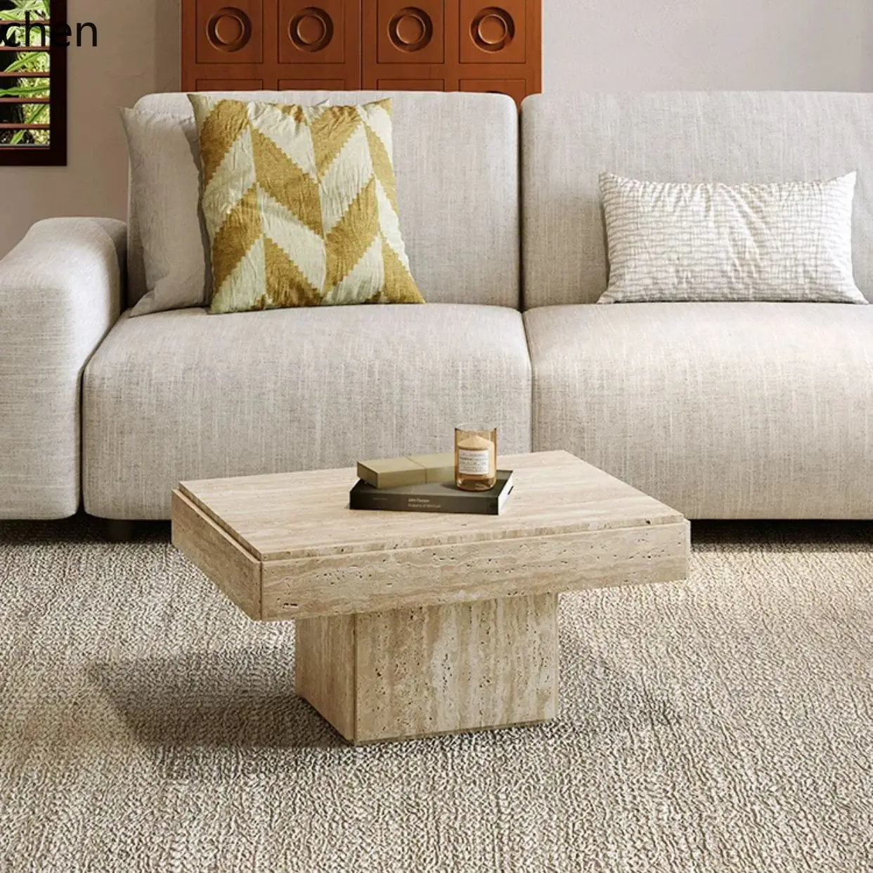 HXL Natural Travertine Square Coffee Table Set Sofa Side Table