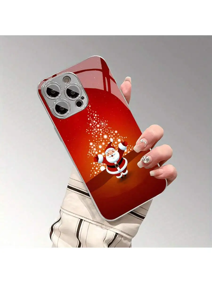 Shiny Red Santa Claus Electroplated Glass Phone Case Full Coverage Anti-Drop For iPhone 16 Pro Max 15 Pro 14 Pro 13 Pro