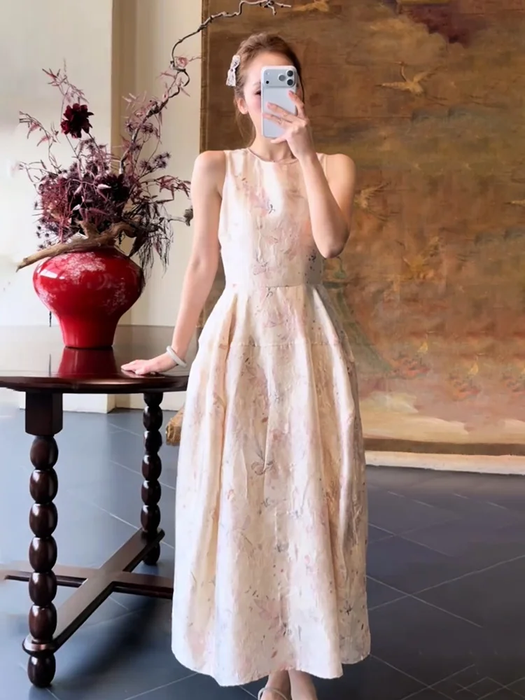 

Uomosi STAZF7 plus Size Women's Summer Dress Floral Print Sleeveless A-Line Long Dress Waist-Cinching High Waist French Style
