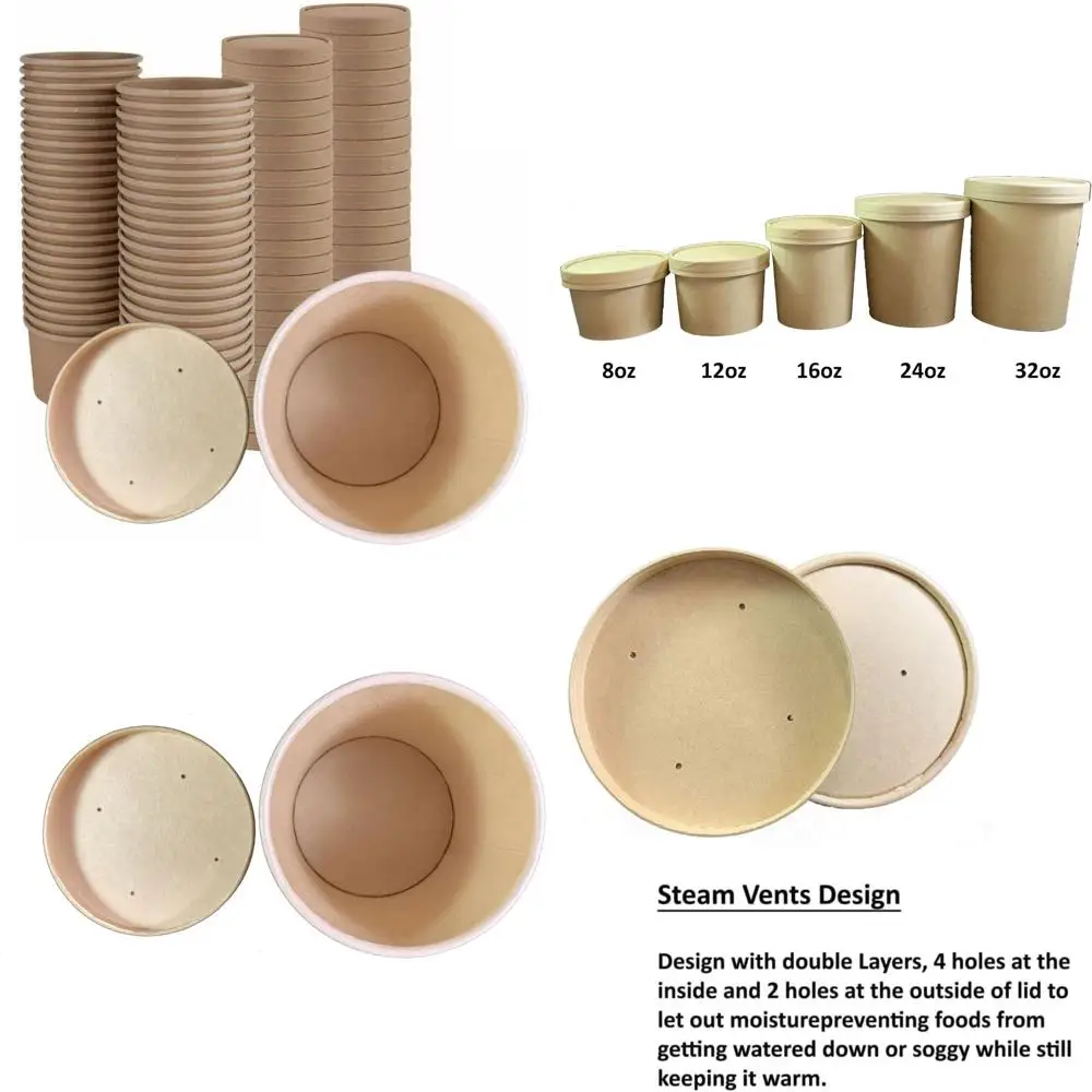 

Одноразовые пищевые контейнеры с вентилируемыми крышками для горячего супа, чашки для мороженого, 250 мисок из крафт-бумаги в упаковке