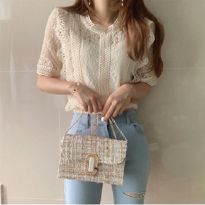 Lace Cropped Shirts Summer Women Short Sleeve O-Neck Blouse Hollow Out Elegant Blusas Y2k Japanese Korea Fashion Retro Slim Tops