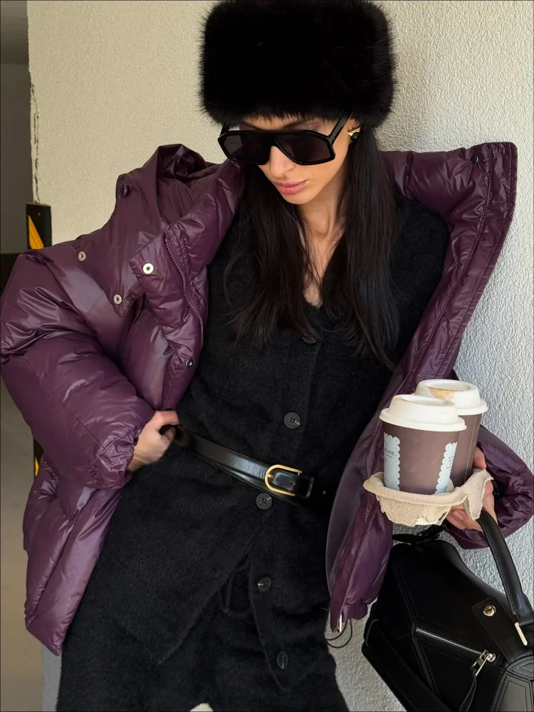 

Solid Hooded Cropped Cotton Coat Women Vintage Full Sleeve Warm Stand Collar Fashion Oversized Wear New Daily Winter Down Jacket