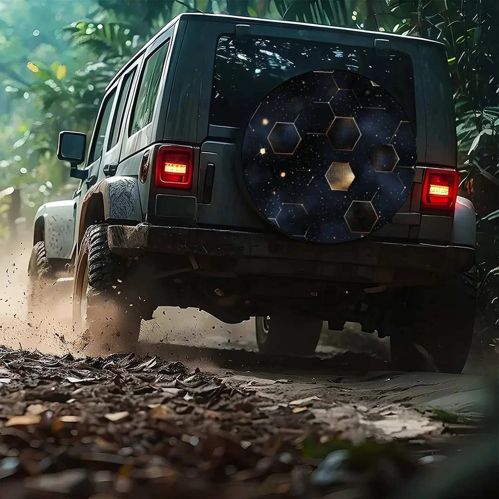 Golden Hexagons Galaxy Tire Cover Polyester Spare Wheel Protector Universal Fit