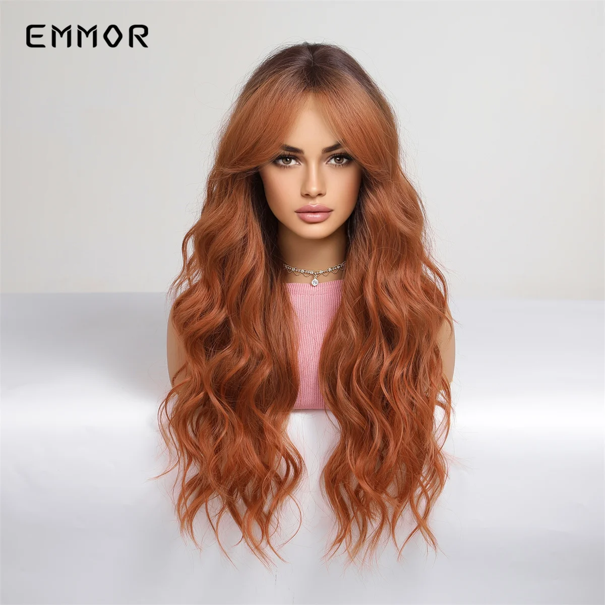 Emmor Copper Red Wig Synthetic Natural Wavy Wigs with Bangs for Women Halloween Cosplay Party Use Heat Resistant Fiber Hair Wig
