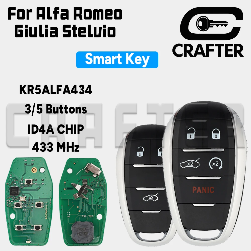 

Key Crafters KR5ALFA434 ID4A CHIP 433MHz Smart Car Key For Alfa Romeo Giulia Stelvio 2017-2020 KR5ALFA434 3 or 5 Buttons SIP22