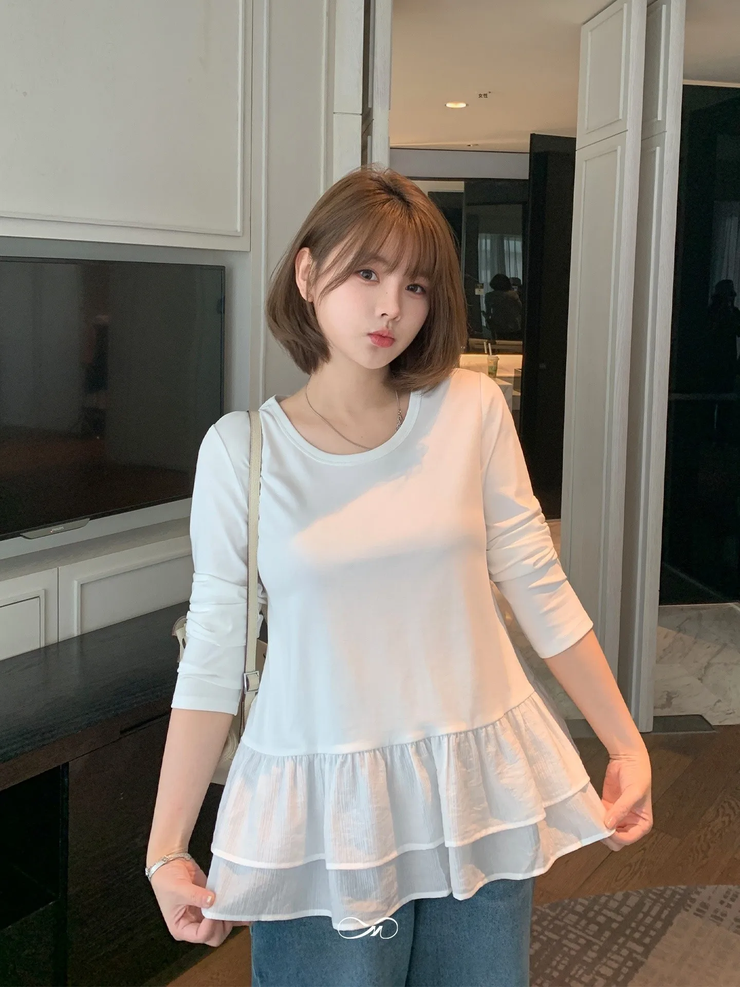 

New Arrival Double Layer Long Sve T-irt with Ruffle Hem And Strap Casual Loose Fit Cotton Polyester Spring Summer Top