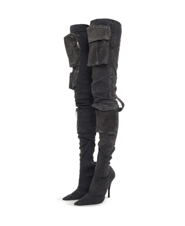 New Fall/Winter Women's Black Denim Over The Knee High Boots Tee Pocket Cargo Design Pointed Toe Stiletto High Heel Long Boots