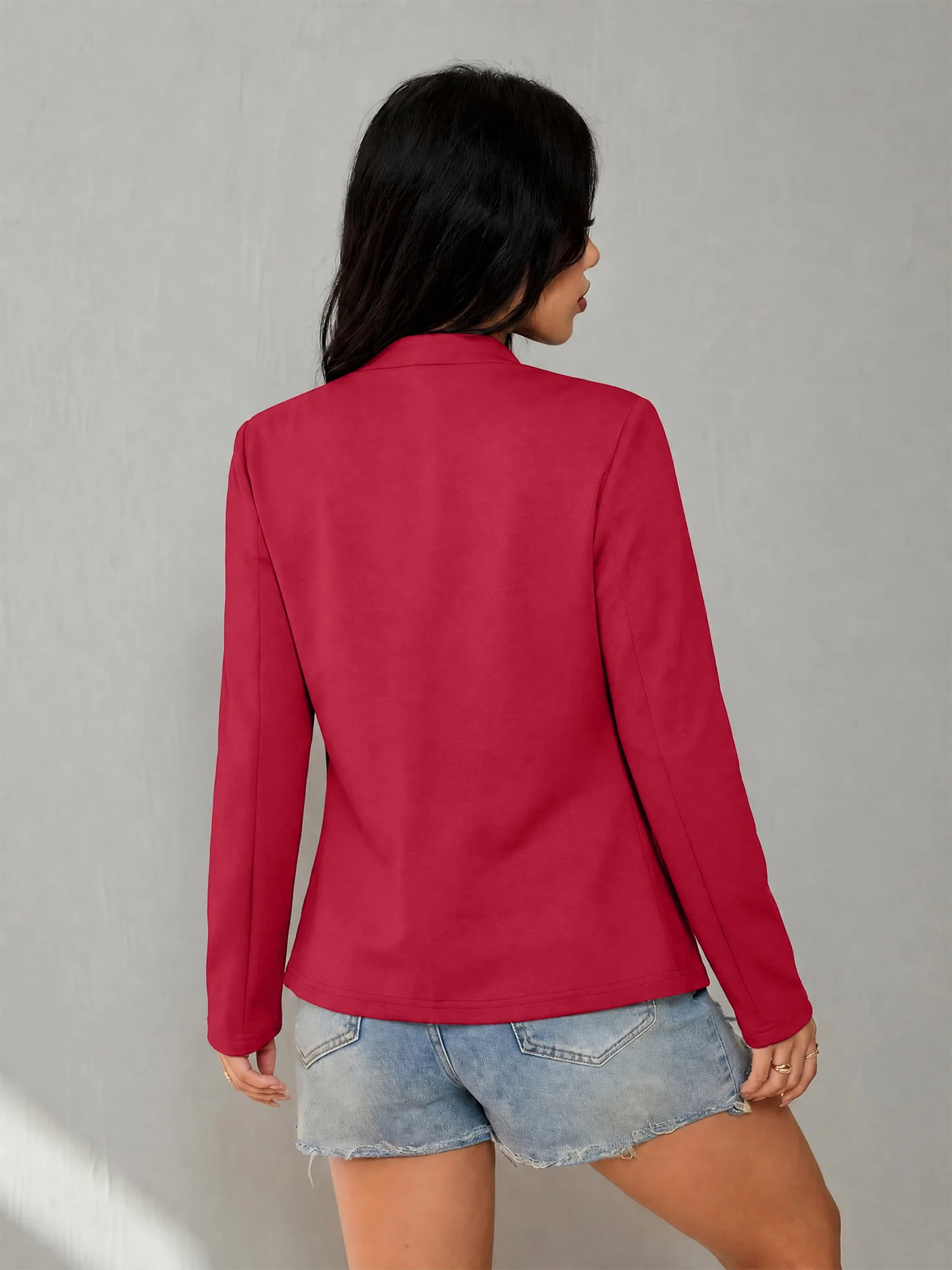 Womens Casual Business Blazer No Button Slim Long Sleeve Stand Neck Outerwear Coat Solid Black Open Jacket For Street Style