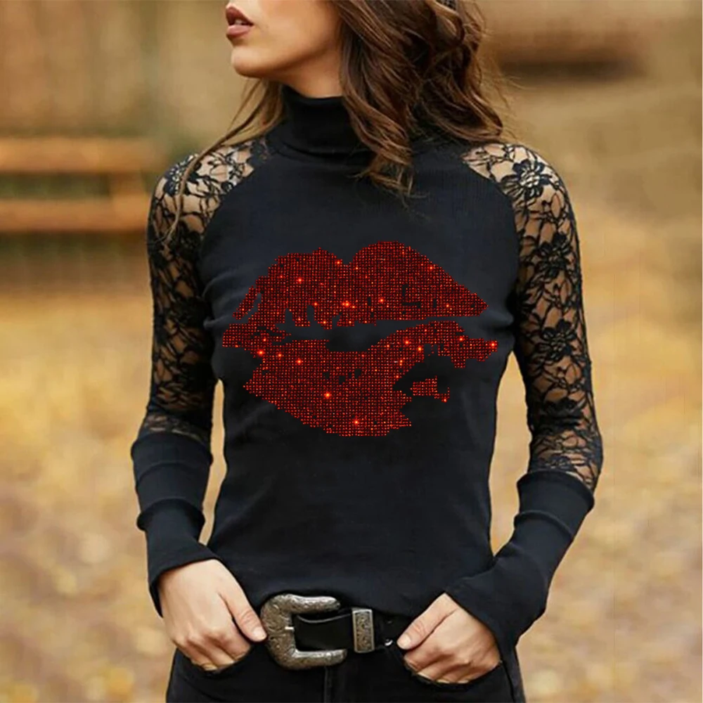 

Stylish Lip Hot Drill Print Ladies T-Shirt Fashion Solid Lace Sexy Women TShirt Y2k Gothic Tee Long Sleeve Designer Clothes Tops