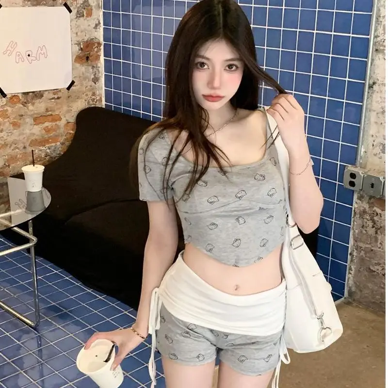

Sanrio Kawaii Two Piece Hello Kittys T Shirt Shorts Summer Girly Comfortable Casual Sweet Fashion Cartoon Trend High End Gifts