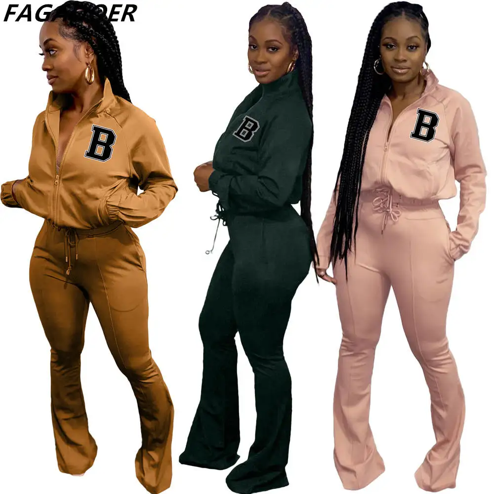 

FAGADOER Casual Sport Two Piece Sets Women Letter Print Zipper Top And Flares Pants Tracksuits Fall Winter Matching Outfits