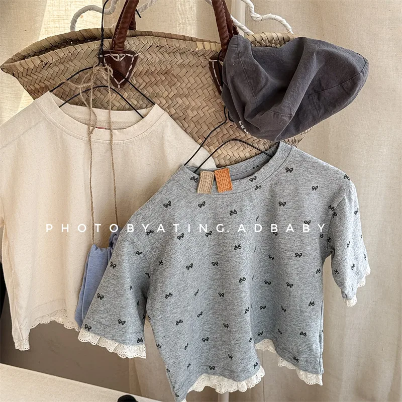 

2025 Autumn New Children Long Sleeve T Shirts Cotton Baby Girls Bow Print Lace Bottoming Shirts Toddler Tops Tees Kids Clothes